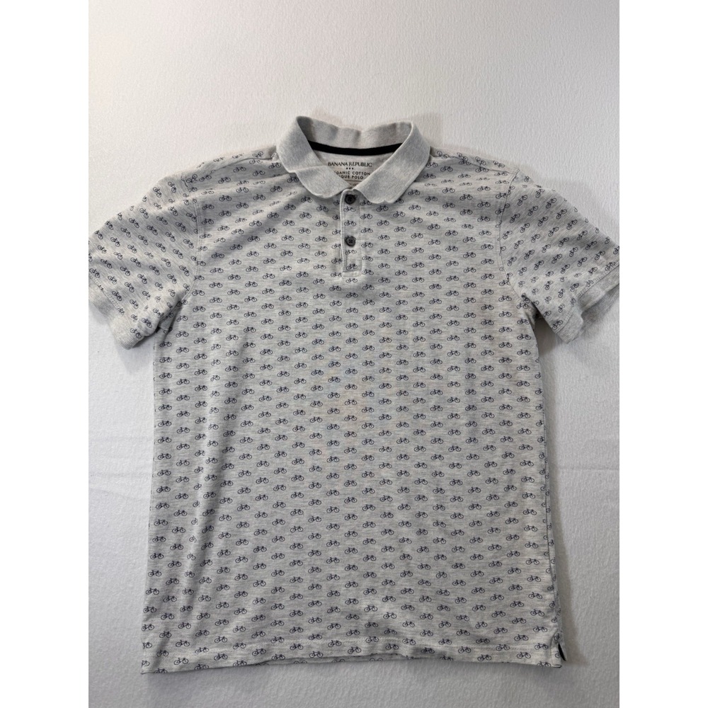 Banana Republic Men Pique Polo Organic Cotton S Gray Bicycle AOP Preppy Casual